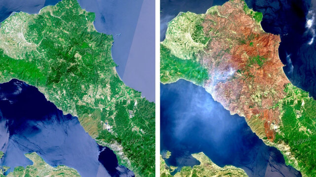 تصاویر ماهواره‌ای از ویرانی ناشی از آتش سوزی‌ در یونان